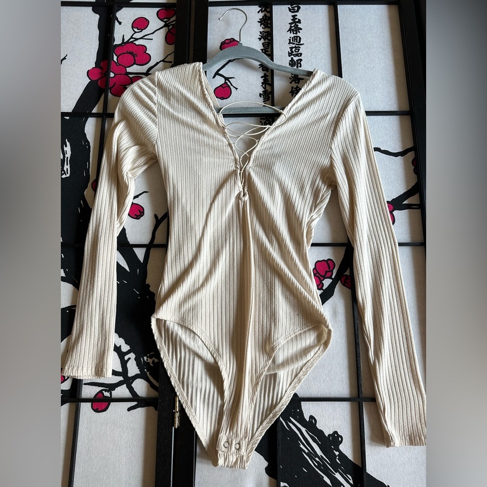 Forever 21 Cream Lace-Up Bodysuit